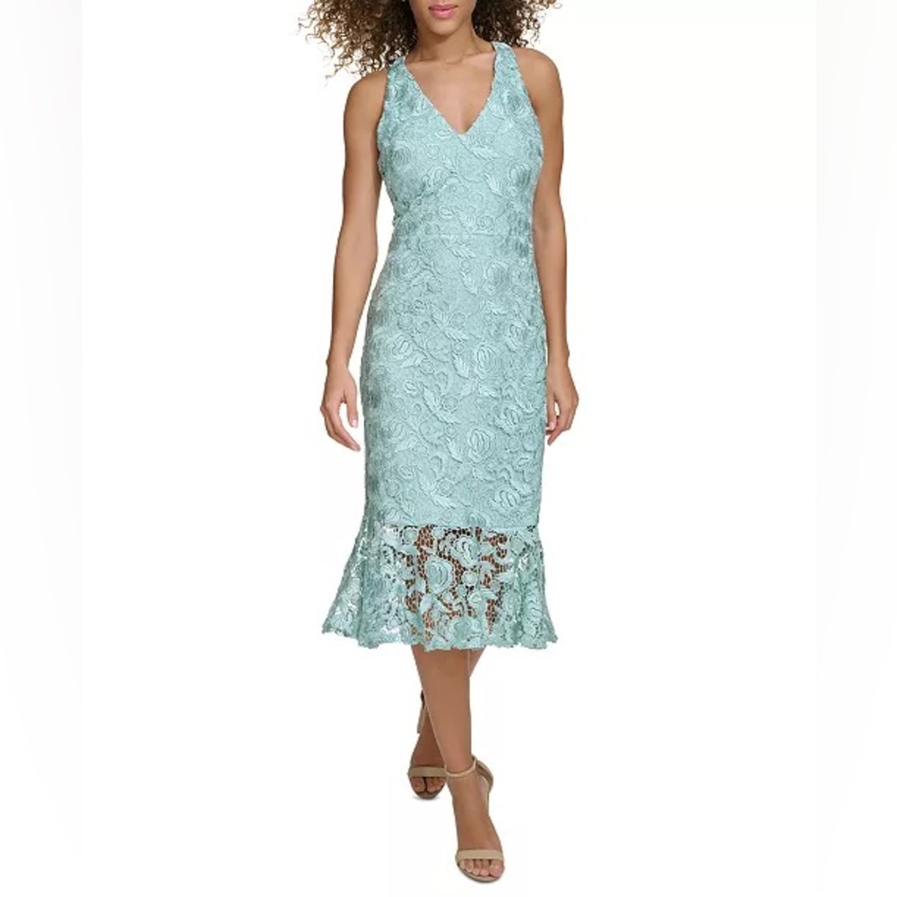 NWT Siena Women's Floral-Lace Flounce-Hem Midi Dress mint color size 12